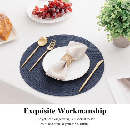 SHACOS Round Placemats Set of 6 Washable 15 inch Circle Polyester Woven Braided Place Mats for Dining Table Indoor Outdoor Table Mats Home Party Wedding Decor (Navy, 6)