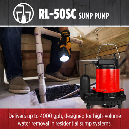Red Lion RL-50SC 1/2 HP, 115-Volt, 4000 GPH, Cast Iron Sump/Effluent Pump with Snap-Action Float Switch, Red, 14942653