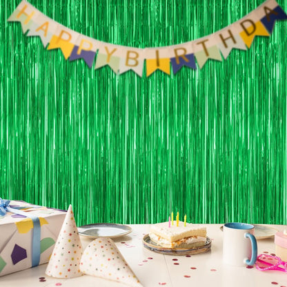 4 Pack Green Streamers, 3.28 FT x 7.05 FT Birthday Tinsel Backdrop, Metallic Foil Fringe Curtains Photo Booth Backdrop, Green Jungle Theme Decorations Birthday Decor