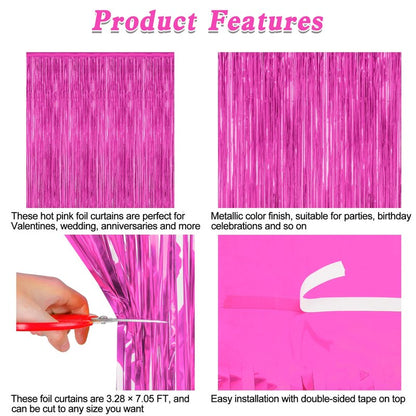 2 Pack Hot Pink Party Decorations, 3.28 FT x 7.05 FT Hot Pink Backdrop, Metallic Rose Red Photo Backdrop Foil Curtains Tinsel Backdrop, Metallic Pink Party Decor Wedding Party Supplies