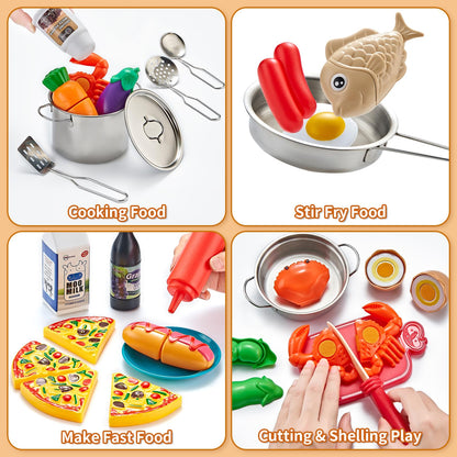 Kidsciety Pretend Play Accessories - 52pc Kids Kitchen Playset with Play Food, Stainless Steel Cookware, Toys Pots and Pans, Toddler Kitchen Set with Cuttable Toy Food - Boys and Girls Gift