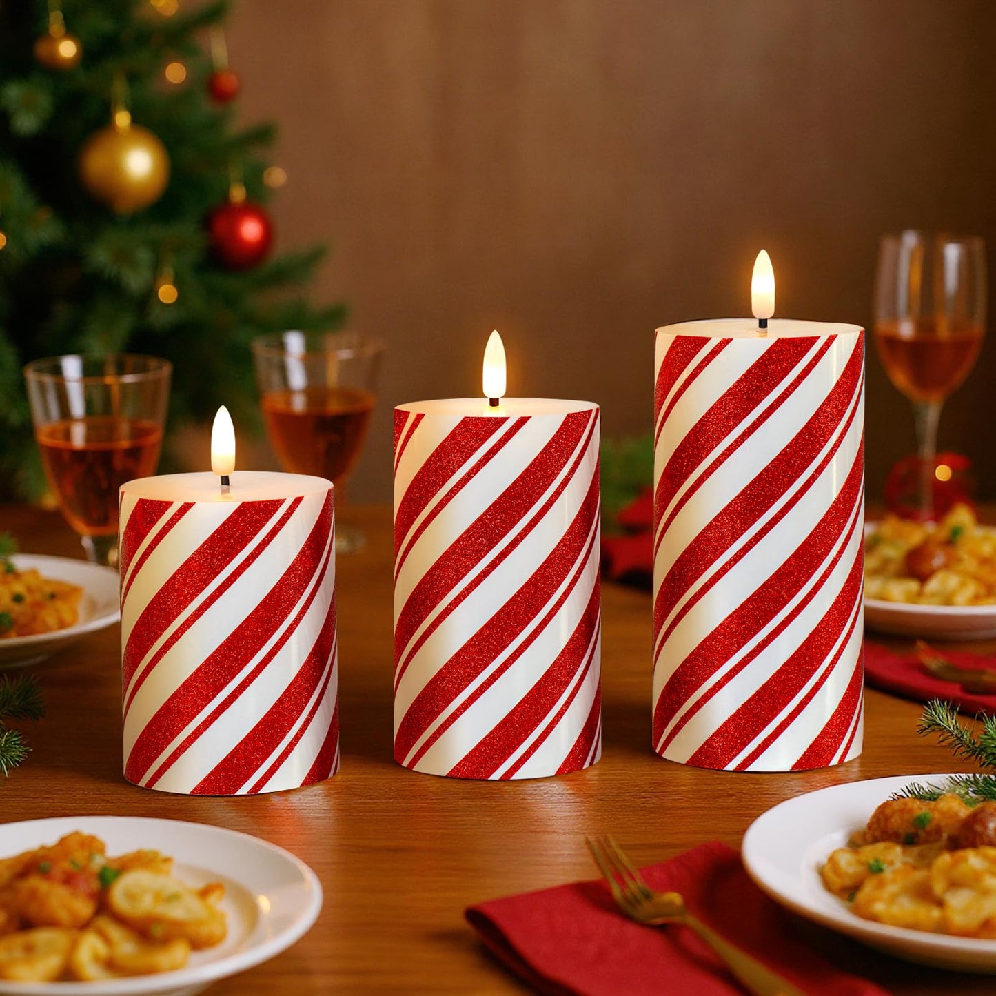 Lumeavetra Glitter Red Stripe LED Flameless Candles, Battery Operated Pillar Lights with Remote Timer, Real Wax Electric Candles for Holiday Home Christmas Party Decor, Set of 3