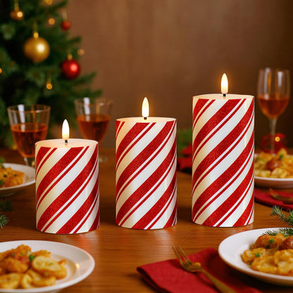 Lumeavetra Glitter Red Stripe LED Flameless Candles, Battery Operated Pillar Lights with Remote Timer, Real Wax Electric Candles for Holiday Home Christmas Party Decor, Set of 3