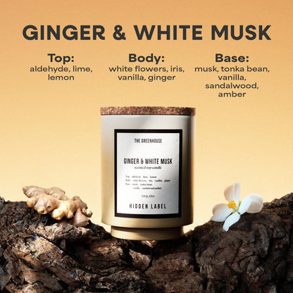 HIDDEN LABEL Ginger White Musk Scented Candle, 12oz Natural Soy Wax Cotton Wick, 75 Hour Long Lasting Burn, Aromatherapy for Home Stress Relief, Meditation, Yoga, Non-Toxic Relaxation Gift for Women