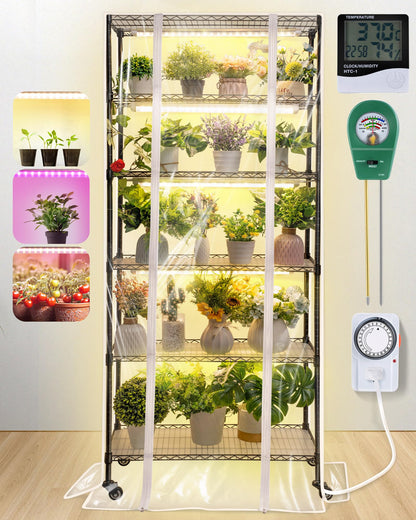Meonum Indoor Greenhouse with Grow Lights, 6 Tier Metal Plant Shelf with Cover (30" x 13.8" x 70.8"), 5 Pack Full Spectrum Growing Lamps for Seed Starting, Grow Rack with Timer, Thermometer, pH Meter