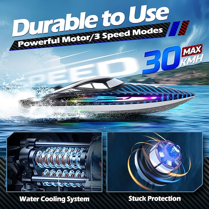 30KMH RC Remote Control Boat with 7 LED Light Modes Waterproof Electric Fast Speed Boat for Adults Kids 8-12 Lake Pool Water PlaySelf-rightingDemoWater Cooling20MinsLow Battery Alert2.4GhzBlue