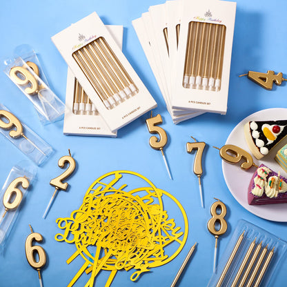 Shihanee 84 Pcs Birthday Cake Toppers Decorations Long Thin Metallic Birthday Candles Bulk Number Candles 0-9 DIY Cake Decor for Wedding Anniversary Party(Champagne)