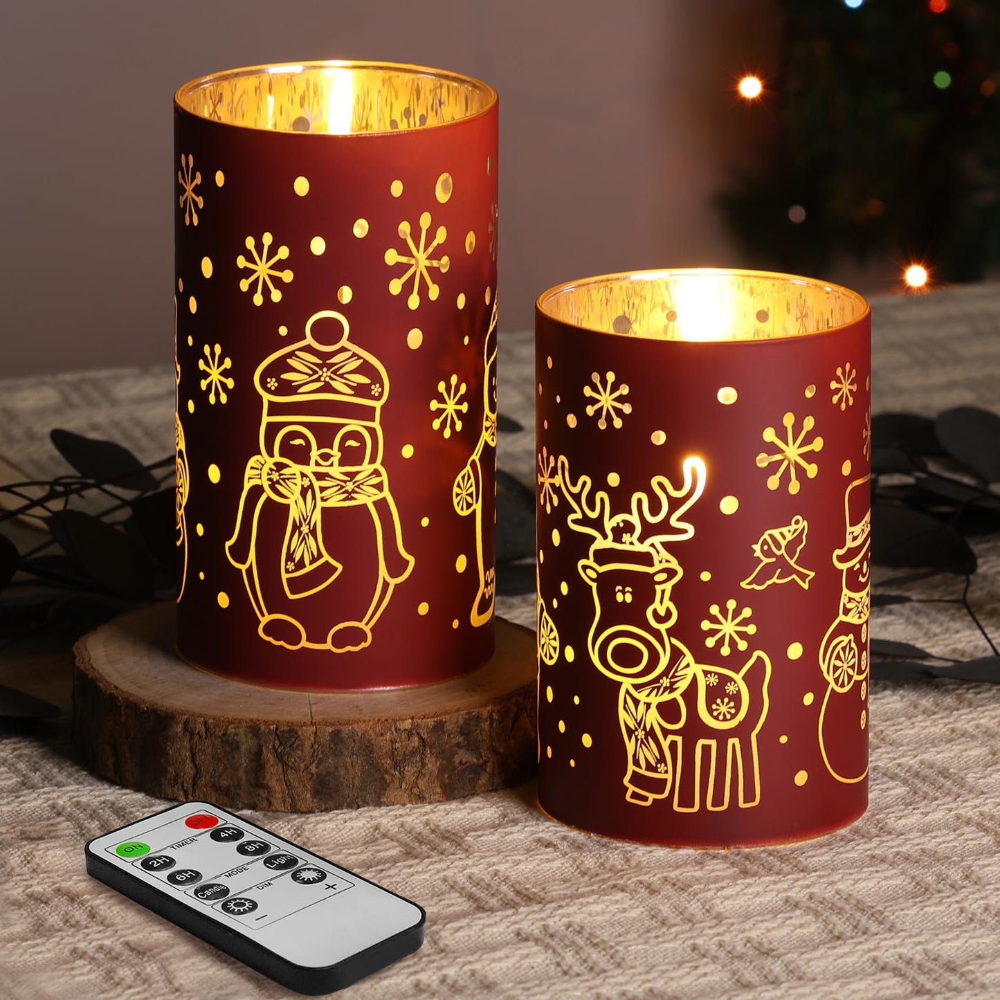 Eywamage Red Glass Flameless Pillar Candles with Remote, Flickering Snowman Deer LED Battery Candles Set of 2