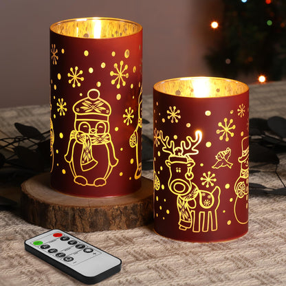 Eywamage Red Glass Flameless Pillar Candles with Remote, Flickering Snowman Deer LED Battery Candles Set of 2