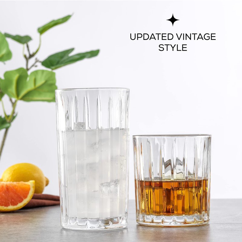 JoyJolt Drinking Glasses Set of 8, Alina Ribbed Glassware. 12oz Rocks Glass and 14oz Highball Glass set. Cocktail Glasses, Iced Coffee Cup or Water cups. Heavy Base Glassware Set