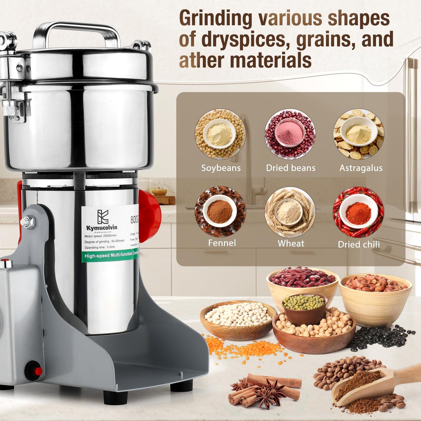 Kymucolvin Electric Grain Mill Grinder-800g 110V 3000W Performance Grain Mill,Suitable for Kitchen, Household,Commercial Use of Crushing Dry Grains,Spices,Herbs,Coffee,Corn,Pepper Grinder.(800g)