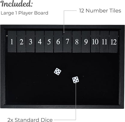 WE Games Wooden Shut The Box - Close The Box Set Pub Game with 12 Number Tiles &amp 2 Dice Games - 13.5” Black Stained Finish for Adults