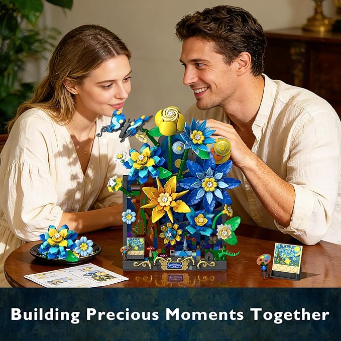 Starry Night Flower Wall Building Set with Lights Botanical Collection Famous Painting Artwork Building Block with Butterfly 1008 PCS Home Wall Decor for Adults Girls 10+