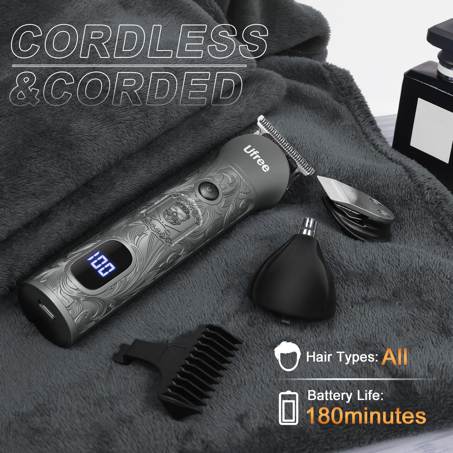 Ufree Beard Trimmer for Men Professional with Hair Clippers, Barber Clippers and Trimmers Set, Electric Razor Shavers for Men, Cordless Mens Grooming Kit for Nose, Ear, Face, Hair, Gifts