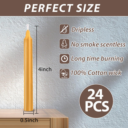 24 Pack Golden Spell Chime Candles – Premium Mini Unscented Taper Candles for Rituals, Prayer, Meditation, Altar, Spells – 4" Tall – Ideal for Witches & Spiritual Practices