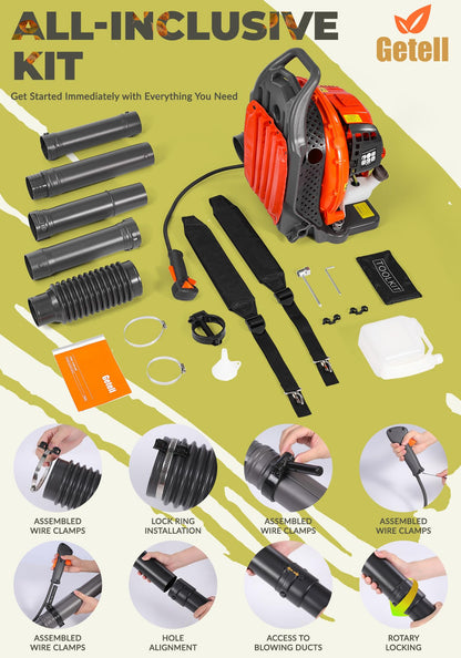 Getell Backpack Leaf Blower Gas Powered - 65CC 2-Stroke Engine, 850 CFM 205 MPH Commercial Grade Yard Blower for Heavy Duty Lawn Care, Wet Leaf & Debris Removal - Lightweight 17.5 LB (Orange)