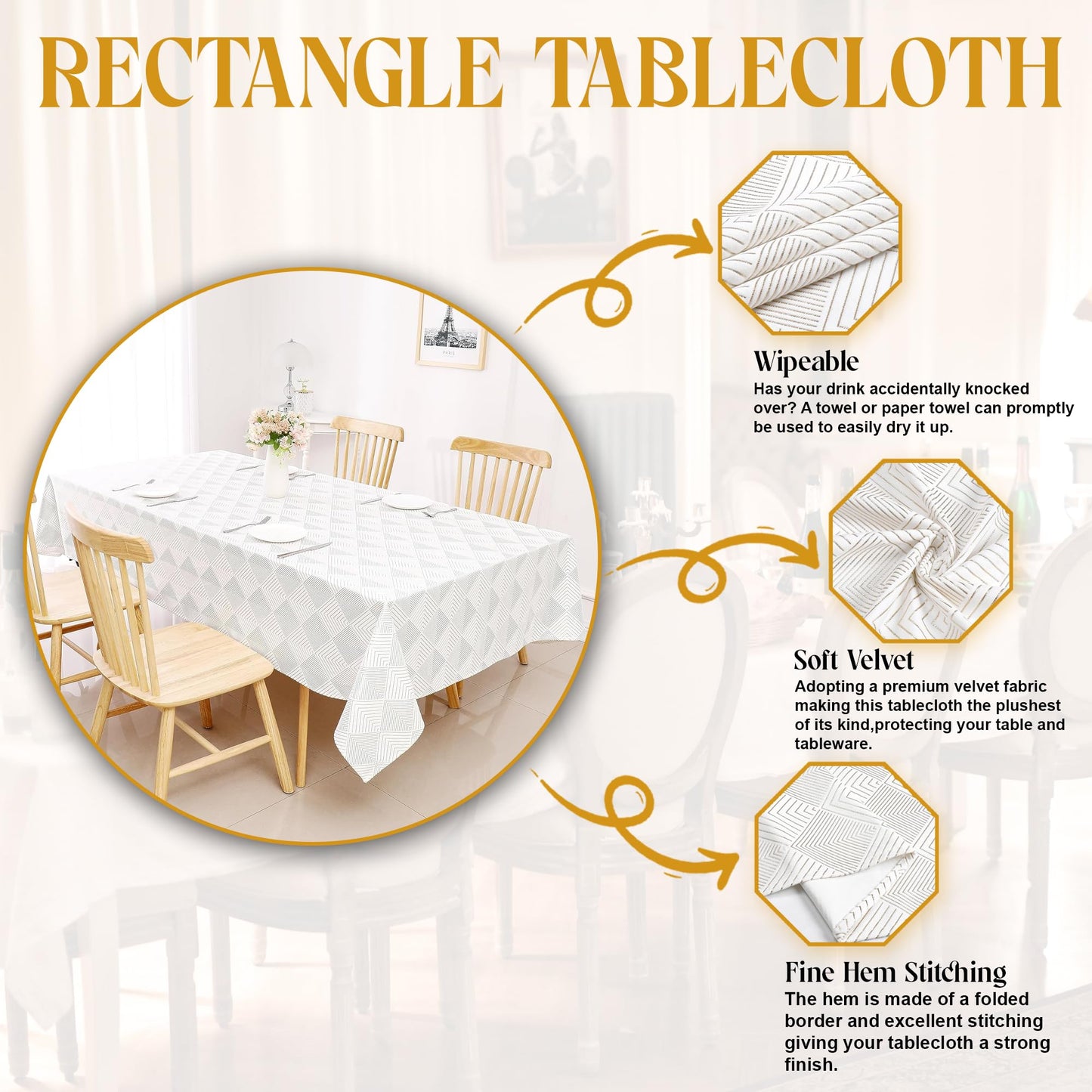 Majestic Giftware Velvet Tablecloths for Rectangle Tables | (70/160) - TC1406 Gold Geometric Print Hem Stitch Dining Table Cover | Decorative Washable Rectangle Tablecloth for Kitchen, Dinning, Party
