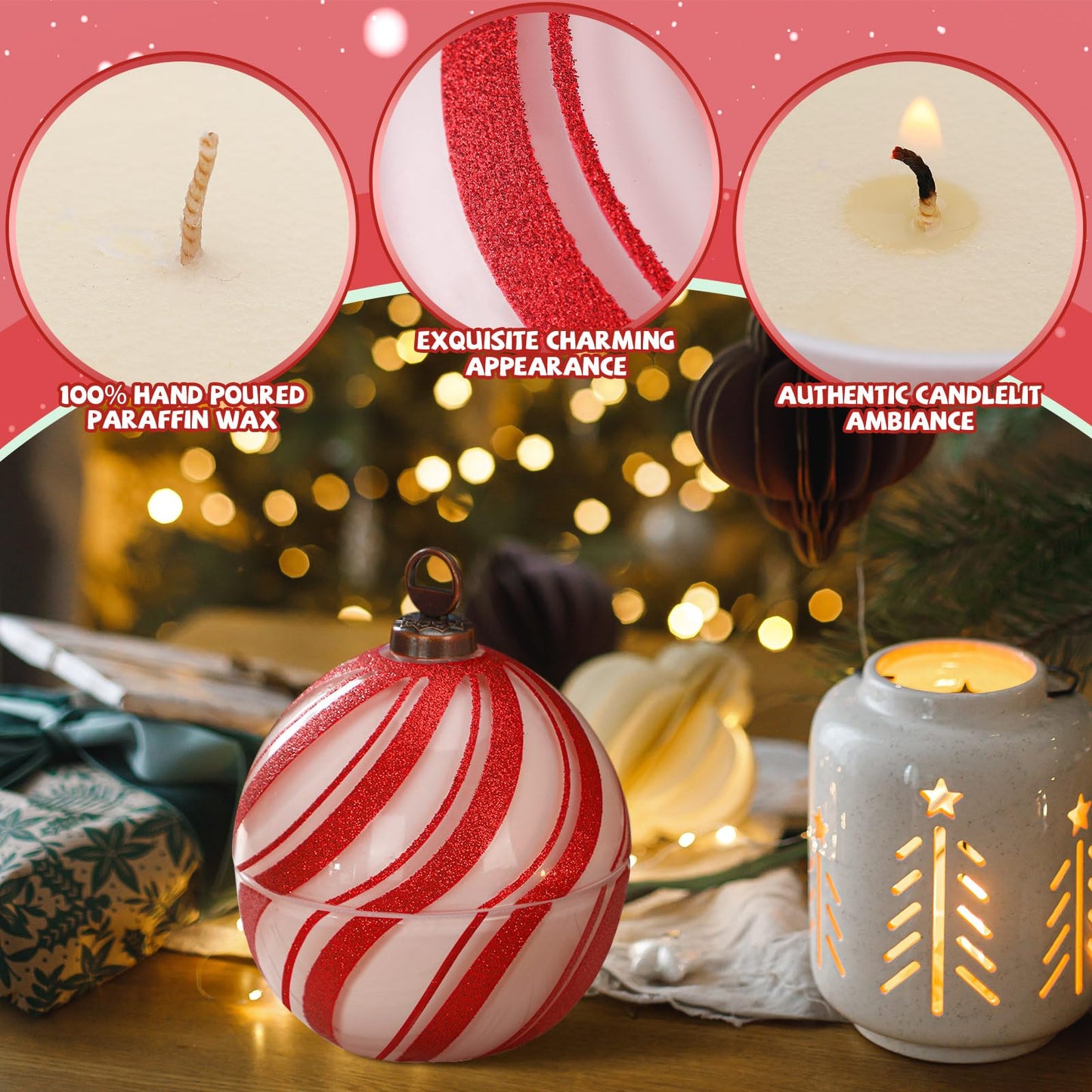 Conelist 2 Pcs Candy Christmas Ball Candles 3.9 Inch Red and White Christmas Ornament Candle Decor Cinnamon Scented Mercury Glass Xmas Table Decorations for Holiday Party Gifts