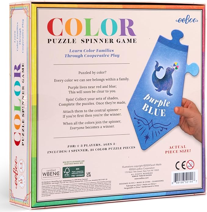 eeBoo: Color Puzzle Spinner Game - 24 Color Puzzle Pieces Learn Color Families Educational Cooperative Childrens Game Kids Ages 3+ 1-3 Players