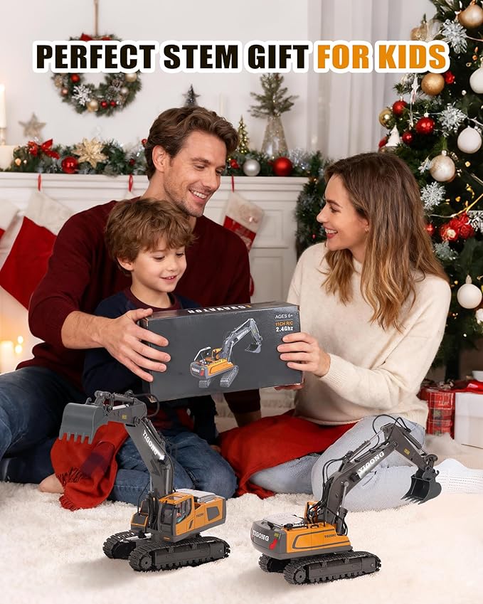 HuiJuKeJi 11-Channel Remote Control Excavator Toy Rechargeable 2.4 GHz RC Construction Vehicle for Kids 680° Rotation | Metal Shovel | Lights &amp Sounds for Boys Ages 6-12