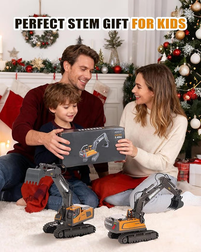 HuiJuKeJi 11-Channel Remote Control Excavator Toy Rechargeable 2.4 GHz RC Construction Vehicle for Kids 680° Rotation | Metal Shovel | Lights &amp Sounds for Boys Ages 6-12