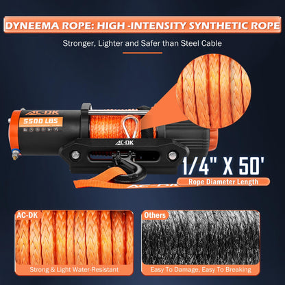 AC-DK 5500 lb ATV/UTV Winch Synthetic Rope Kits, 12V Winch with Wireless Remote for Off Road Trailer Boat RV Towing Winches, Waterproof Winch with Mounting Plate and Wired Remote