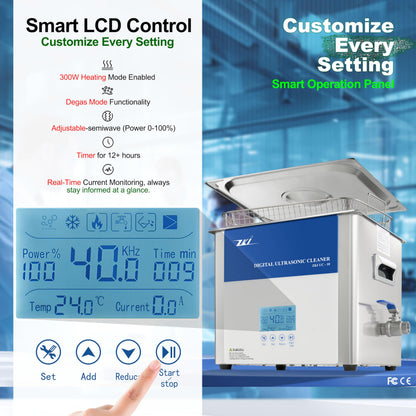 ZKI 10L Digital Ultrasonic Cleaning Machine, Adjustable Heater/Intensity/Timer Ultrasonic Cleaner, Degas Mode, Low-Noise, 12+ Hrs Run Time, Ideal for Jewelry, Lab, Glasses, Dentures, Ind. (110V/600W)