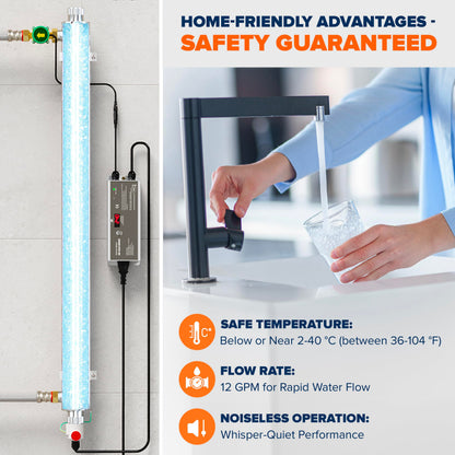 UV Water Purification System 55W, 12 GPM - UV Water Filter with Smart Flow Sensor Switch - Whole House UV Water Purifier Ensuring Water Purity - UV Light for Well & City Water + 1 Extra Lamp