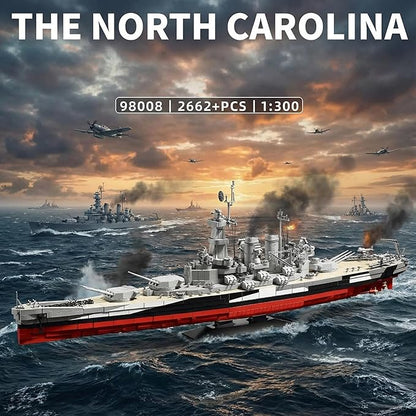 USS North Carolina Battleship Building Blocks Set 2662 Pieces 1:300 Scale WW2 Naval Warship Model Military Battleship Construction Toy with Movable Guns Model for Adults &amp Teens 14+