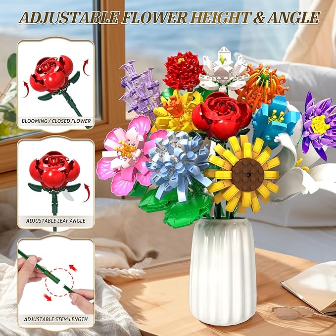 Flower Bouquet Building Set1009PCS Creative DIY Plant Bouquet Decoration12 Artificial Flowers Botanical for Adults Women Girls Ages 6+Idea Gifts for Mother's Day Valentine's Day No Vase