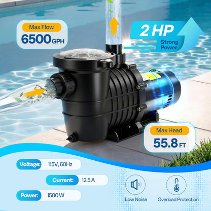 VIVOHOME 2.0HP 6500 GPH 115V Pool Pump, Self-Priming Energy Saving, 1.25" & 1.5" & 2" Inlet w/Strainer Basket for In/Above Ground Pools