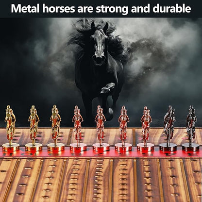 Horse Racing Board Game Thickened Solid Wood Finish Line Horse Race Game with 11 Metal Horses with 2 Sets of Dice2 Boxes of Cards and 100 Poker Chips for Parties and Gambling