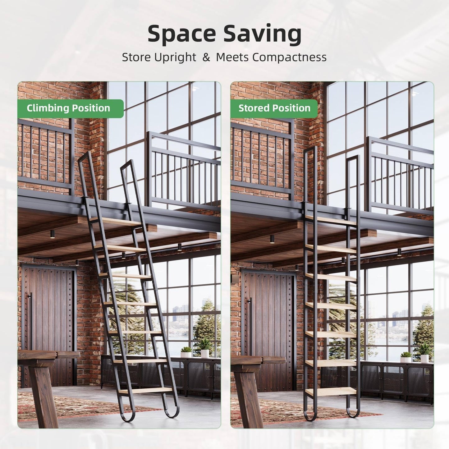9.35FT Industrial Style Loft Ladder, 7 Steps with Black Steel Handrails & Solid Wood Steps, 450lbs Capacity, Fits 7.2-8FT Installation Height, for Attic, Kitchen, Warehouse, Bookshelf& Outdoor