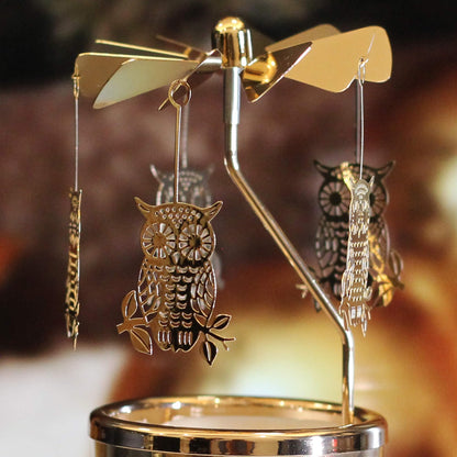 iLajao Candle Carousel Rotary Candle Holder Christmas Carousel Spinning Tealight Candleholder Christmas Decoration Centerpieces for Tables Valentine Easter (Golden Owl)