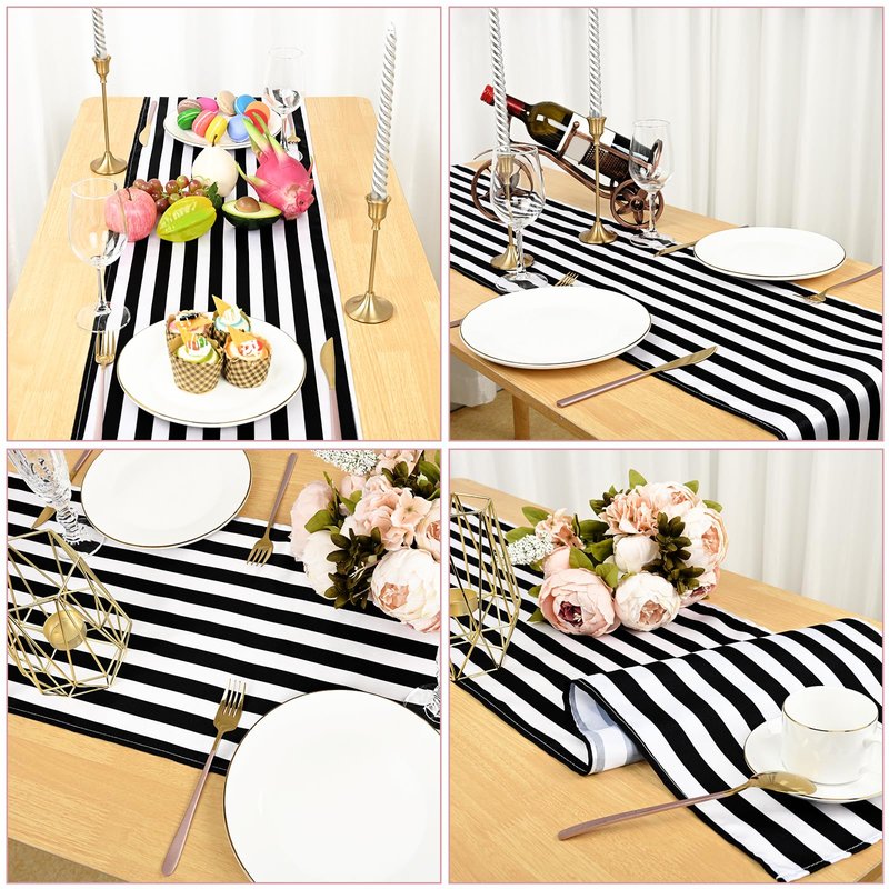 Lykoow 8 Pack Striped Table Runner Polyester Classic Black and White Striped Table Decor for Indoor Outdoor Events, Wedding, Birthday Parties, Banquets and Celebrations (12 x 72 Inch)