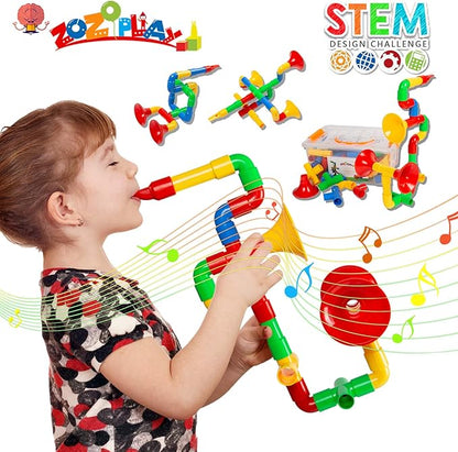 ZOZOPLAY STEM Toys Tube Locks 72 Piece Tubular Pipes &amp Spouts &amp Joints &amp Whistles &amp Trumpet Toy Learning Educational Building Block Set with Whistles Gift for Boys Girls
