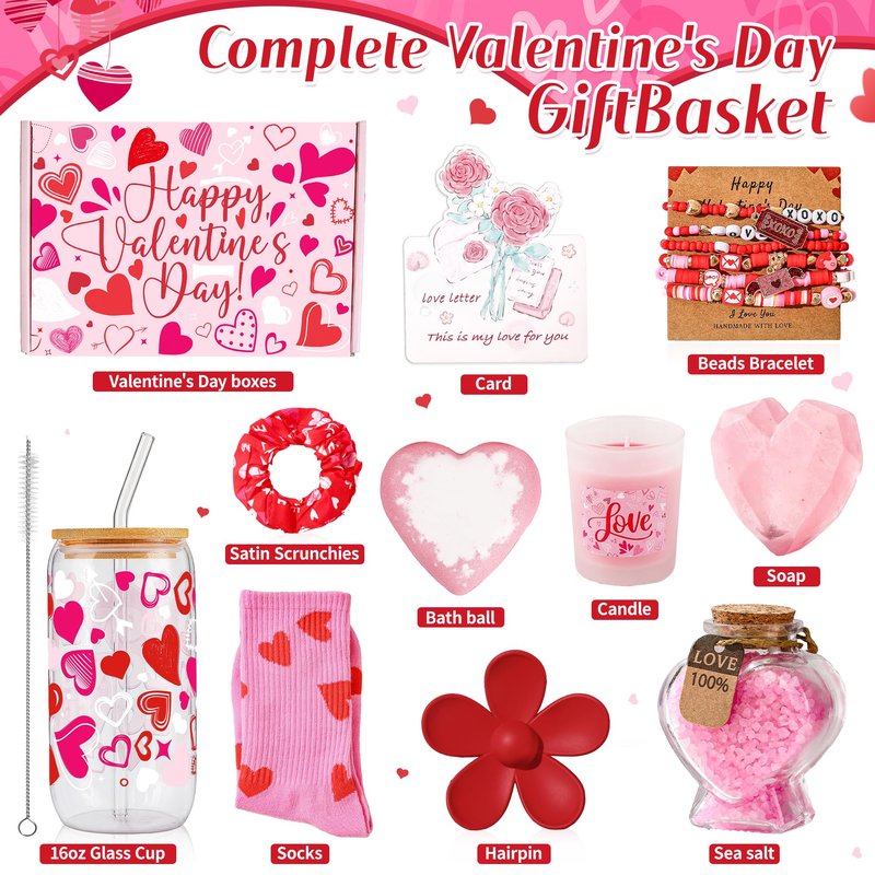 10 Pcs Valentine's Day Basket Gifts for Her, Valentine Gift Stuffers with 16 oz Glass Cup, Socks, Hair Clip, Candle, Heart Bath Salts Bottle Birthday Gift Set for Mom Wife Daughter Teen Girlfriend