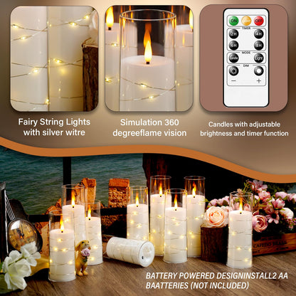 kakoya Flameless LED Candles with Timer 9 Pc Flickering Flameless Candles for Romantic Ambiance and Home Decoration Stable Acrylic Shell,with Embedded Star String，Battery Operated Candles（White）