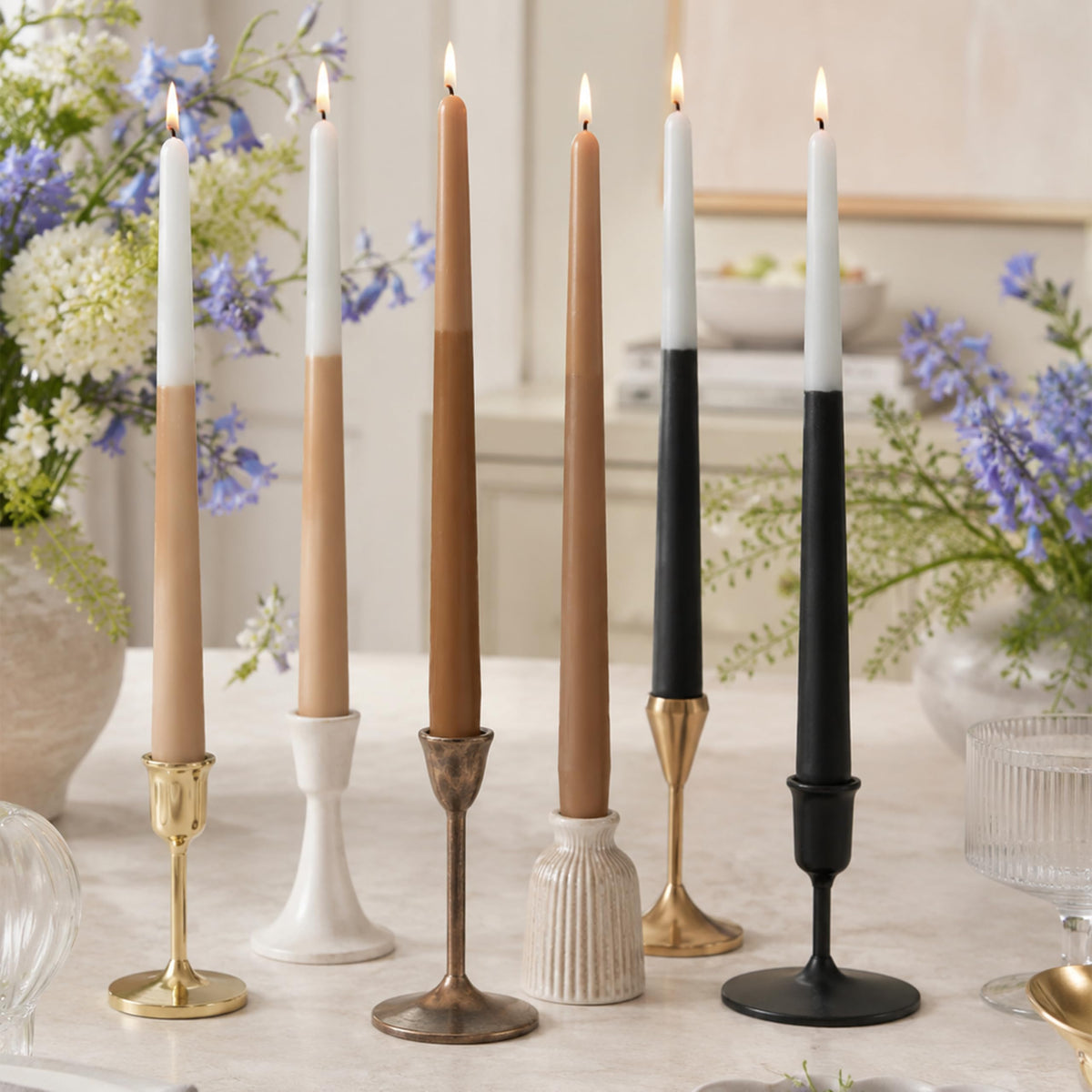 10 Inch Taper Candles Set of 6, Bluebell Scent Handmade Brown Beige Black Color Block Tapered Candles, Candle Stick Dinner Candles for Wedding Candlesticks