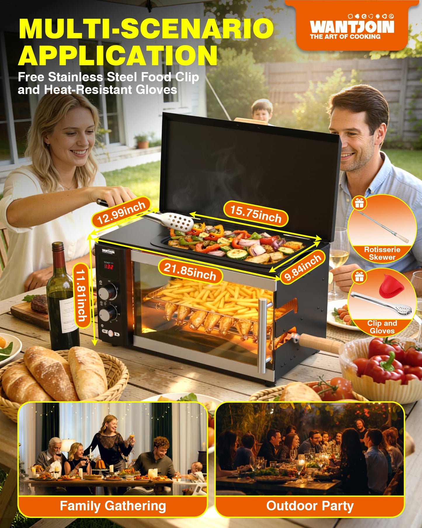 WantJoin Electric Rotisserie Oven - 37QT 3-in-1 Rotisserie Grill Oven, Dual Skewers, Grilling Rack, 360°Auto-Rotate Heating, Rotisserie Cooker Machine for Home Kitchen & Party Use,1800W