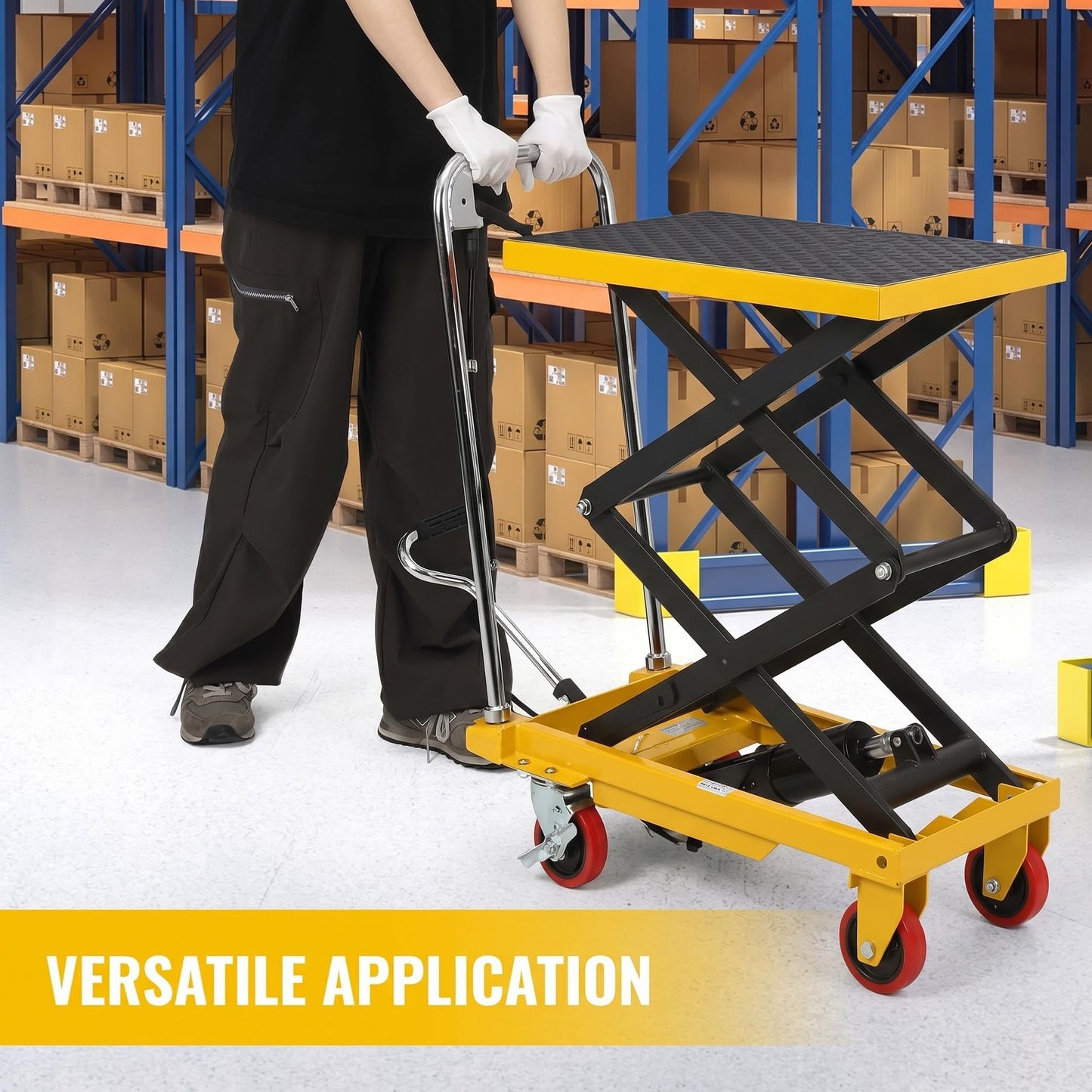 Hydraulic Double Scissor Lift Table Cart, 330 LBS Load Capacity, 50" Adjustable Height, Non-Slip Platform & 4 Universal Wheels, Heavy Duty Lift Table for Material Handling, Yellow