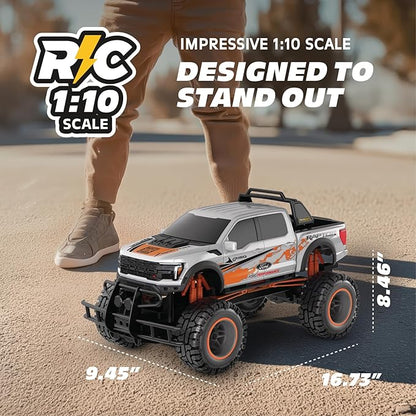 Ford F150 Raptor R 2WD Remote Control Truck with Working Lights and Sounds. Officially Licensed 1:10 Scale RC Toy 2.4GHz Remote Batteries Included USB Charge - White - Great Gift
