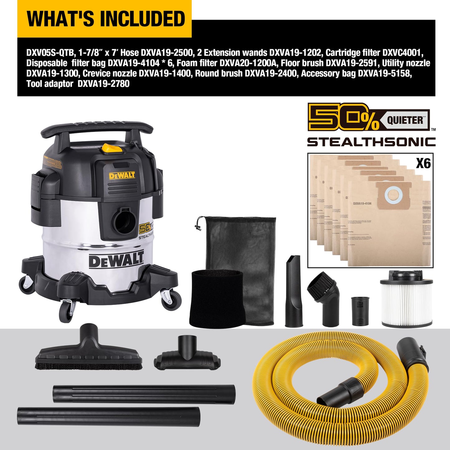 DEWALT 5 Gallon 4 HP STEALTHSONIC Shop Vacuum Wet and Dry DXV05S-QTB with 6 Dust Bags Ultra Quiet Stainless Steel Wet/Dry Vacuum Cleaner with Powerful Suction for Garage, Jobsite, and Workshop
