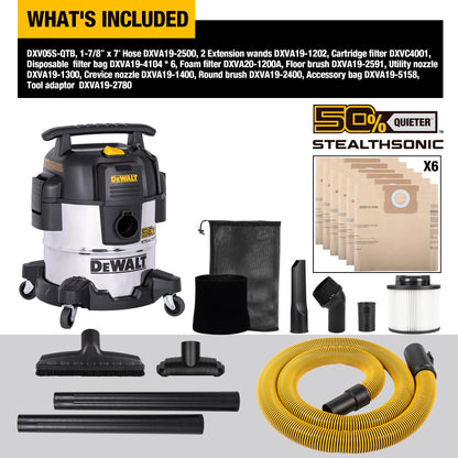 DEWALT 5 Gallon 4 HP STEALTHSONIC Shop Vacuum Wet and Dry DXV05S-QTB with 6 Dust Bags Ultra Quiet Stainless Steel Wet/Dry Vacuum Cleaner with Powerful Suction for Garage, Jobsite, and Workshop