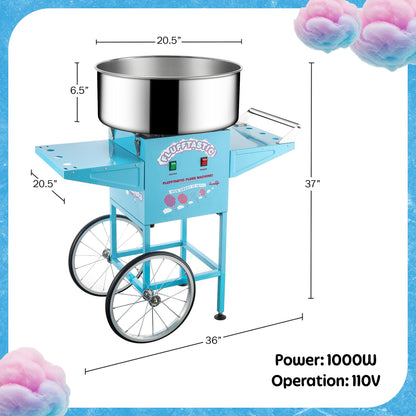 Cotton Candy Machine With Cart – 1000W Flufftastic Floss Maker With Stainless-Steel Pan, Side Trays, And 13in Wheels By Great Northern Popcorn (Blue)