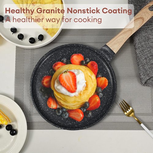 JEETEE Crepe Pan Nonstick, 9.5 Inch Comales Para Tortillas Griddle Pan for Stove Top, Granite Coating Flat Pancake Pan Dosa Tawa, PFOA FREE and Induction Compatible (Grey)
