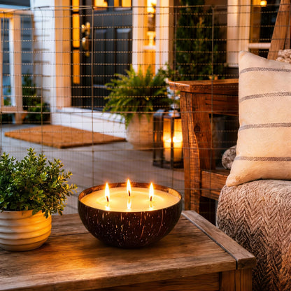 Viyffo 18oz Large Citronella Candles Outdoor, 3 Wick Citronella Candle, Natural Coconut Shell Jar, Non Toxic Soy Candle for Patio, Backyard, Deck & Camping, Rustic Decor Gift (with Fireproof Mat)