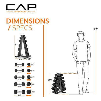 CAP Barbell 150 LB Coated Hex Dumbbell Weight Set with Vertical Rack, White, New Edition