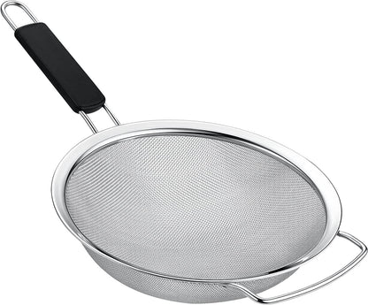 Kafoor 8" Large Fine Mesh Strainer with thermo plastic rubber handle - Sieve Fine Mesh Stainless Steel - Ideal to Strain Pasta, Quinoa and Rice.