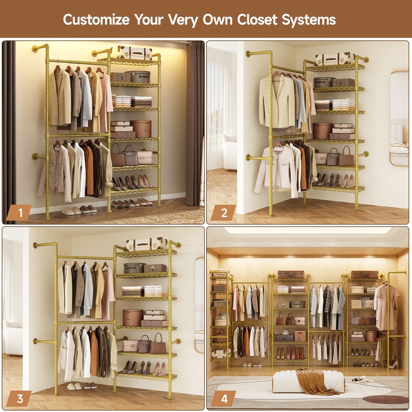 Wall Mounted Garment Rack, Walk-in Closet System with 2 Expandable Rods, 6 Adjustable Shelves, Industrial Pipe Clothing Racks, Hanging Clothes Organizers and Storage, Metal Closet Shelving Gold